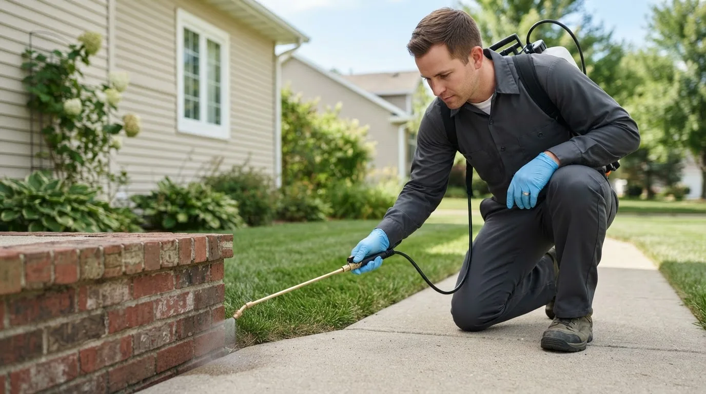 Pest control technician treating a home near Sterling, IL