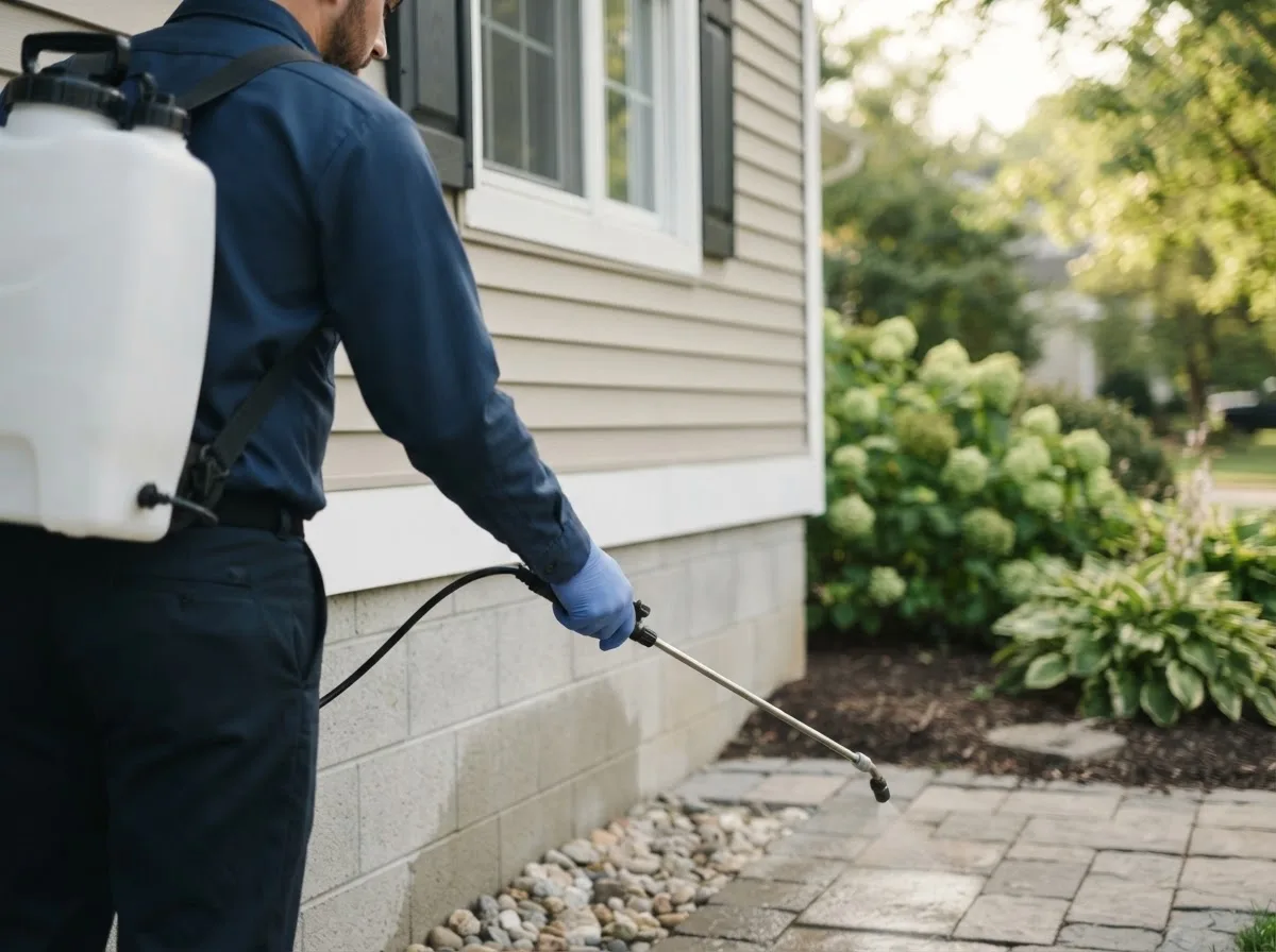 Pest control technician inspecting a home in Sterling, IL